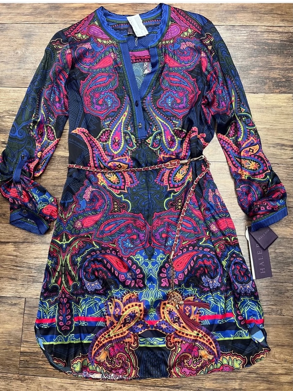 Hale Bob NWT silk dress size Medium, chain belt with tassels, and pockets